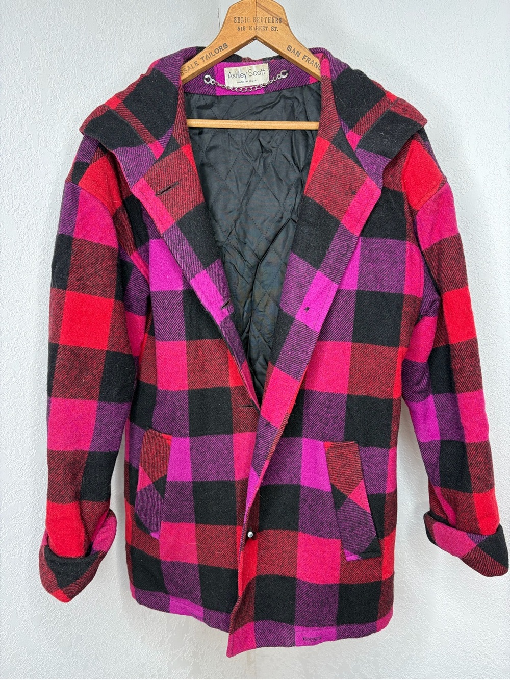 Vintage Ashley Scott Jacket Women's L Wool Blend Pink Plaid Button Made In USA